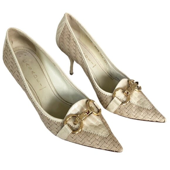 Casadei Shoes - Casadei Beige Woven Leather Gold Horse Bit Heels